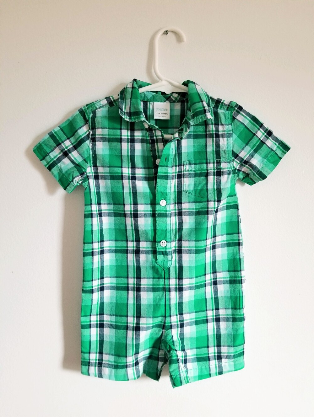 Boy's Green Plaid Short-Sleeve Romper - Brand: Gymboree